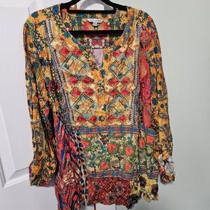 John Mark Womens Button Up Embroidered Tunic With Roll Tab Sleeves